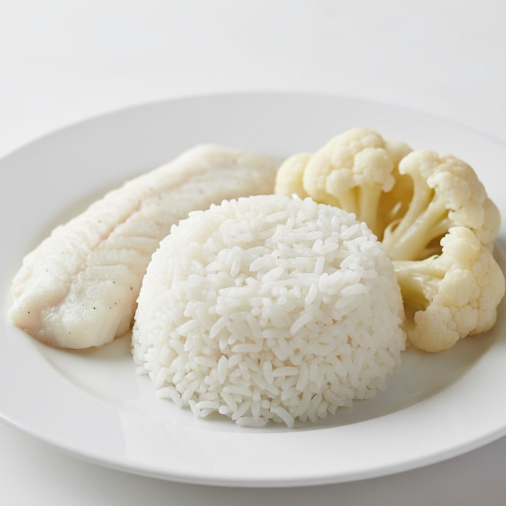 Белые продукты — рис, рыба, цветная капуста